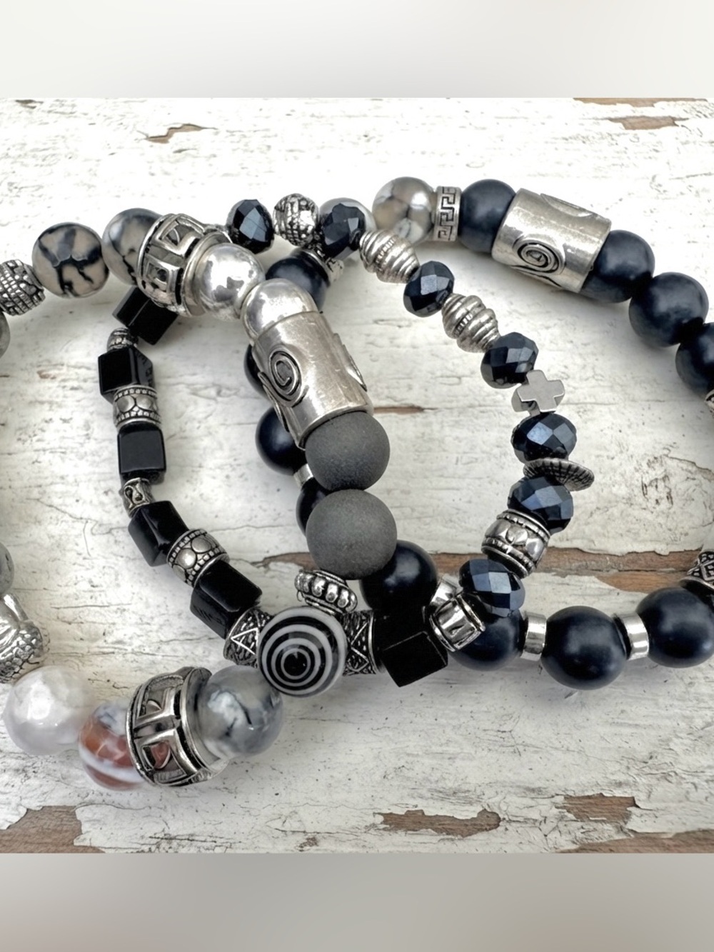 Elegant Black and Silver Beaded Bracelet Set